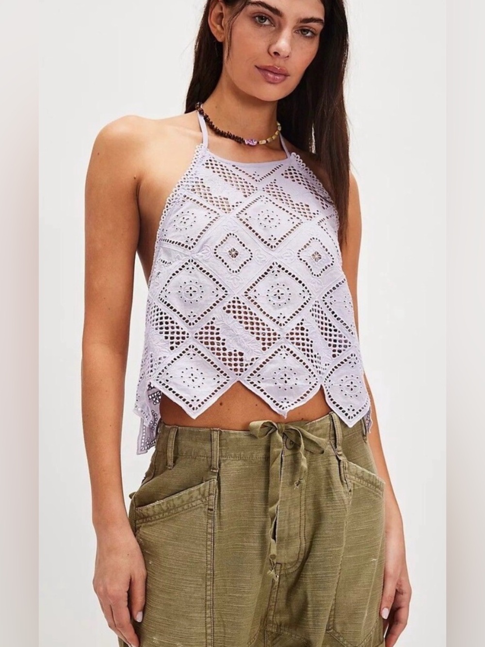 NWT Free People Hankie Halter Tank Top Floral Eyelet Embroidered Cotton L